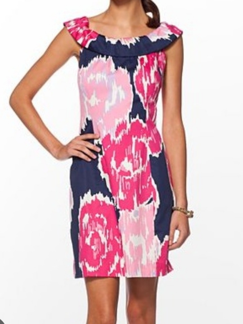 Lilly Pulitzer Floral Ruffle-Neck Sleeveless Dress in Pink & Navy